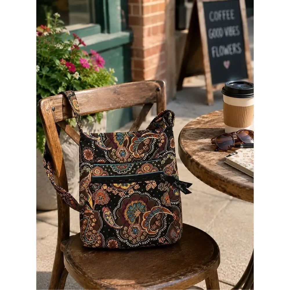 Vera Bradley Cafe Latte Classic Crossbody Purse Shoulder Bag Brown Paisley &Blue